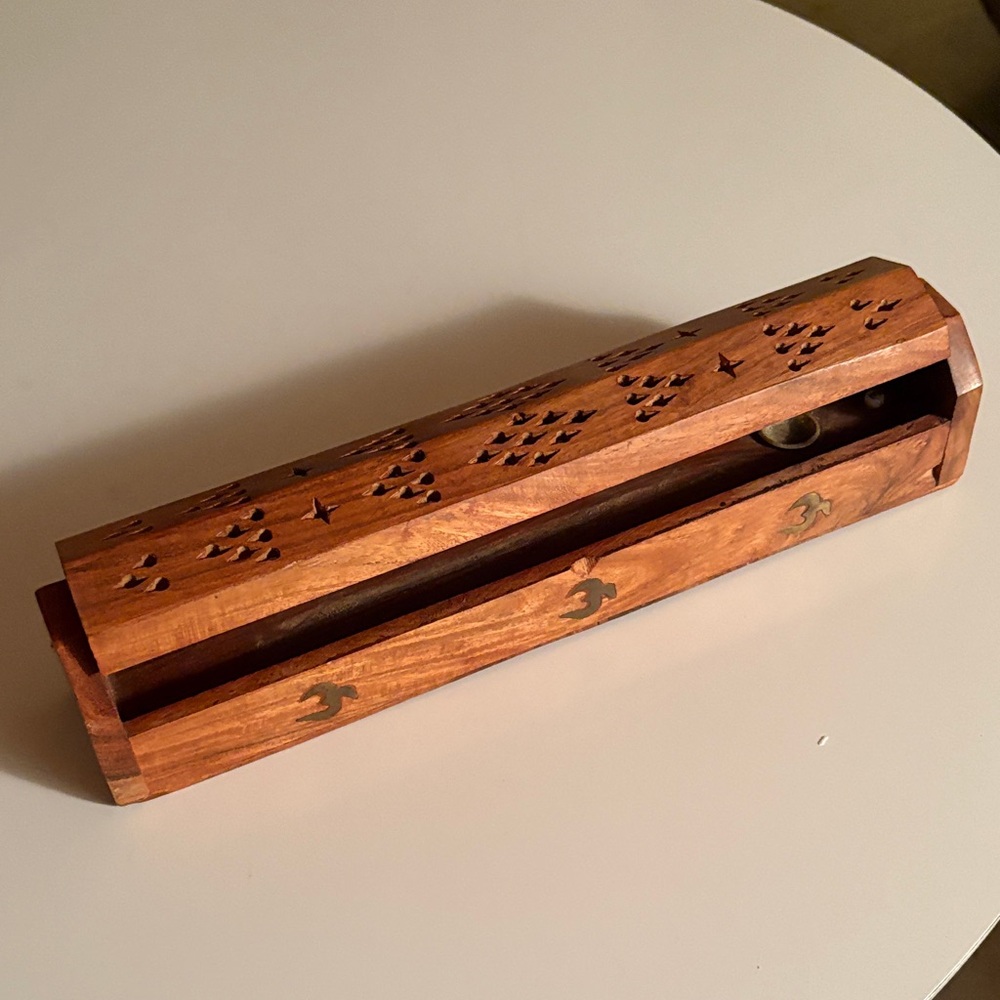 Vintage wood Incense Holder w. Carved AUM Design in “gold in lay’. 14 inches